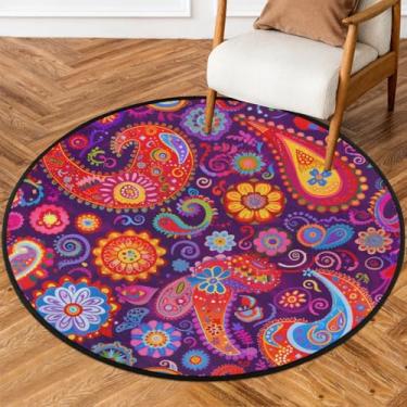 Imagem de Tapete redondo étnico paisley, roxo, colorido, macio, antiderrapante, lavável, tapete circular para quarto, berçário, sala de estar, cozinha, banheiro, entrada, decoração de casa