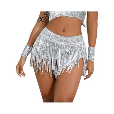 Imagem de Shorts De Lantejoulas Com Franjas Em Cores Sólidas Para Mulheres, Saia