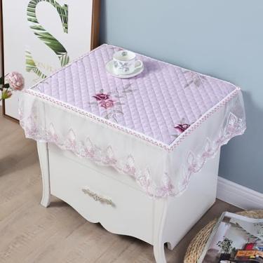 Imagem de Toalha de mesa de cabeceira retangular pequena bordada floral com acabamento em renda capa de mesa de cabeceira rústica de casa de fazenda pano de algodão para decoração de mesa de quarto - rosa 45,7