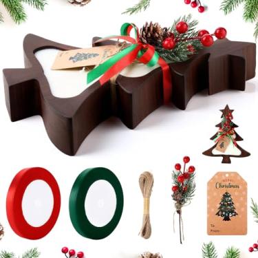 Imagem de Potchen 1 conjunto de velas de madeira tigela de Natal de madeira rústica tigela de massa de Natal com etiqueta de frutas e pinheiro para decoração de mesa de fazenda de Natal, 30 x 25 x 5 cm (árvore)