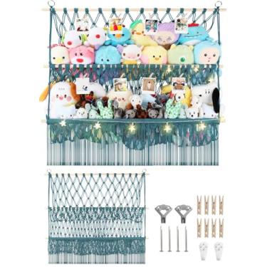Imagem de Rede de prateleira de armazenamento de animais de pelúcia de 2 níveis, rede de pelúcia grande de 88 x 76 cm com malha densa de 6,5 cm para mini pelúcia média, suporte de macramê Aqua Boho com luzes e