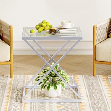 Imagem de CAFOM Mesa de canto quadrada com tampo de vidro temperado, moldura de metal elegante em forma de X, mesa de centro de sala de estar, mesa lateral de sofá, mesas de destaque para espaços pequenos, mesa