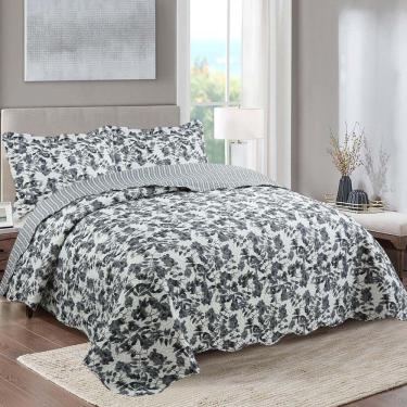 Imagem de Kit Cobre Leito Colcha Mix King Estampado Dupla Face Floral 3 Peças - Amanda - Palha