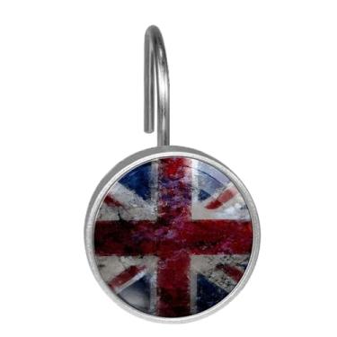 Imagem de Conjunto de 12 ganchos de cortina de chuveiro vintage com bandeira britânica do Reino Unido para cortinas, varões, anéis de cortina de chuveiro para banheiro, sala de estar, decoração de quarto