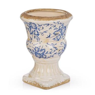Imagem de Sungmor Vaso de urna de cerâmica pequeno - Vaso de flores com pedestal floral azul e branco, vasos decorativos vintage estilo chinoiserie, suporte de vaso toscano para plantas internas e externas com