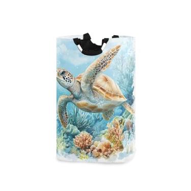 Imagem de xigua Cesto de lavanderia grande de tartaruga marinha em aquarela com alça, cesto de roupas dobrável para organização de brinquedos e roupas no quarto, banheiro e lavanderia