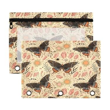 Imagem de Wassud Bolsa de lápis para fichário de 3 anéis preto laranja borboletas bolsas com zíper serve para fichários padrão estojo de lápis para escritório, pacote com 2