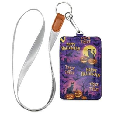 Imagem de Wassud Porta-crachá de couro PU Halloween Pumpkins Moon com cordão, porta-cartão de identificação para trabalho, cordão de pescoço com compartimentos para cartões de crédito, funcionários, estudantes
