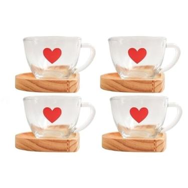 Imagem de Jogo Xícaras Café Chá com Pires Madeira Coração Rosa Presente Criativo Mesa Posta Cantinho do Café (4 Xic. CHÁ Vermelha + Pires)