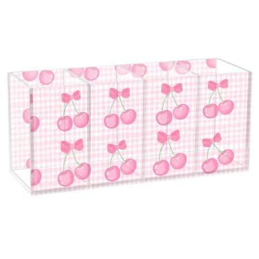 Imagem de Burbuja Porta-canetas de acrílico Cherries on Gingham com 4 compartimentos, suporte de lápis transparente para pincéis de maquiagem, acessórios de mesa de escritório em casa