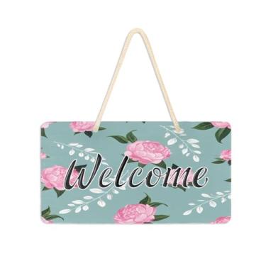 Imagem de Burbuja Placa de boas-vindas peônias rosa para porta da frente, placa de boas-vindas de PVC para decoração de férias de casa de fazenda, 15 x 28 cm