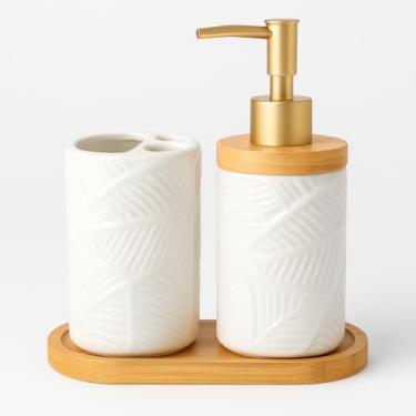 Imagem de Kit para Banheiro em Cerâmica Branca com Dispenser e Porta Escova Base em Bambu Conjunto 3 Peças Estilo Moderno com Textura Folhas