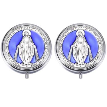 Imagem de Weyuley 2 caixas de joias religiosas da Virgem Maria, adequada para guardar contas de rosário, pequenos acessórios e lembranças ao receber a primeira comunhão. (azul)