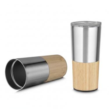 Imagem de Copo Térmico Inox 550ml Parede Dupla com Detalhe em Bambu – Mantém Bebida Quente ou Gelada – Tampa Antivazamento – Opções Preto/Branco/Prata – Uso no Trabalho, Carro e Lazer (Prata)