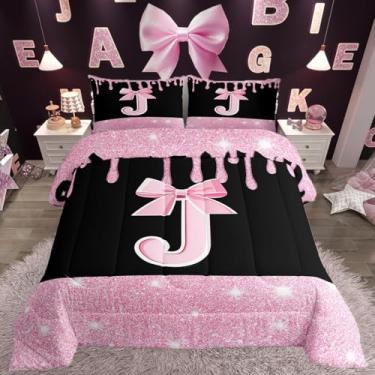 Imagem de Feelyou Conjunto de edredom com laço rosa, tamanho casal, decoração de iniciais, conjunto de cama para mulheres, adolescentes, letra J, edredom com monograma, glitter, diamante, microfibra, 3 peças