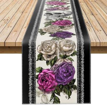 Imagem de Caminho de mesa de linho com flores, decoração de mesa de jantar de cozinha de esqueleto sazonal, sala de jantar, exterior, interior, casa de fazenda, aniversário, casa, festa, presente, férias