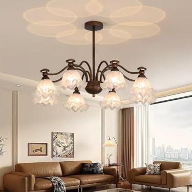 Imagem de Lustre vintage de vidro com 8 lâmpadas, luminária de teto em bronze com cúpula em formato de flor, luminária pendente de metal antigo, ideal para casa de campo, restaurante, cozinha, sala de