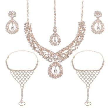 Imagem de WADORN Conjuntos de joias indianas, conjunto de joias de casamento Bollywood colar gargantilha dourada brincos Maang Tikka pulseira de strass joias modernas presente elegante conjuntos de joias de