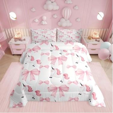 Imagem de Erosebridal Conjunto de edredom queen com laço e laço fofo de unicórnio rosa para crianças, edredom estilo princesa sonhadora, cavalo feminino, gravata borboleta para dia dos namorados, enchimento de