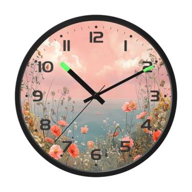Imagem de SEHANY Herb Wildflower Relógio de parede silencioso sem tique-taque relógio redondo operado por bateria 30 cm controle de som luz noturna relógios de parede para sala de estar, cozinha, quarto