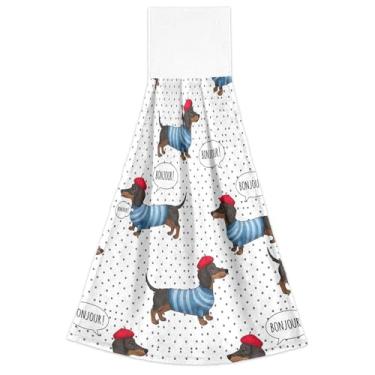 Imagem de Joisal Toalhas de mão de cachorro Dachshund fofas com laços para pendurar no forno toalha de dedo ultra absorvente bonito conjunto de toalhas de secagem de cozinha de 2, 45 x 35 centímetros