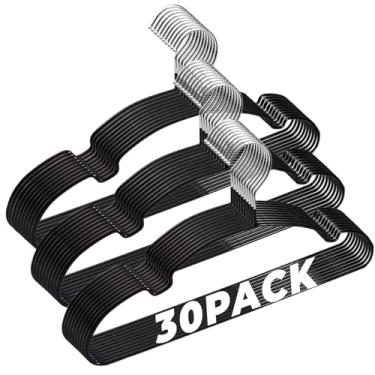 Imagem de Limogoo Cabides de metal preto, pacote com 30, cabide de aço inoxidável antiderrapante revestido de borracha, economia de espaço e resistente, capacidade de 9 kg para roupas, terno, camisa, casaco
