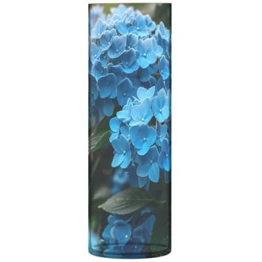 Imagem de Vaso cilíndrico de flores de hortênsia azul para mesa decorativo personalizado bonito vaso alto plástico decoração de apartamento, estética, 30 cm x 9,9 cm