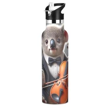 Imagem de Garrafa de água fofa com estampa de coala com tampa de palha, garrafas de água isoladas de aço inoxidável, copos infantis à prova de vazamento de parede dupla à prova de vazamento para escola, viagens