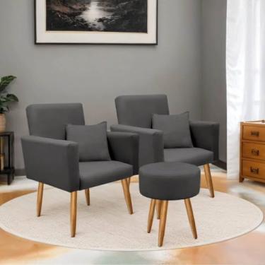Imagem de Poltrona Decorativa com Puff Sala | Estofada em Suede, Pé Palito Madeira, Conforto e Design Moderno(Cinza Escuro)