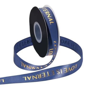 Imagem de PATIKIL Fita de gorgorão personalizada, 2,5 cm x 1,5 m, fita de poliéster Love is Eternal para festas de fim de ano, decoração de casamento, embrulho de presente, azul marinho