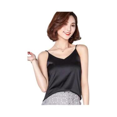 Imagem de Camisetas De Verão Femininas Em Seda Satin Sem Mangas Com Alças Finas 