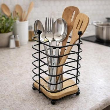 Imagem de Suporte Talheres Seca Escorredor Colher Garfo Faca Preto Madeira Organiza Cozinha Pote