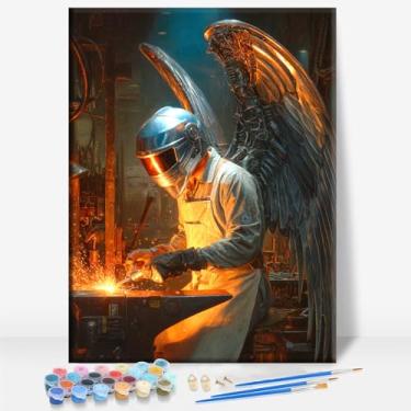 Imagem de HUINORYA Soldador anjo soldador de ferro tela emoldurada DIY kit de pintura por números bar café caverna sala de casa parede banheiro varanda pátio decoração presente, 40,6 x 30,5 cm