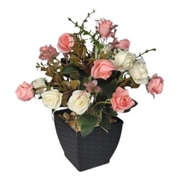 Imagem de Arranjo Mini Rosas Artificiais Rosa e Branco 30 cm Com Vaso Tijolado
