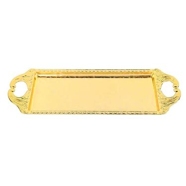Imagem de Bandeja retangular de metal para servir, decorativa elegante, luxo, acabamento polido brilhante, exibição multiuso, aperitivos, sobremesas, flores para casa, sala de estar, hotel,