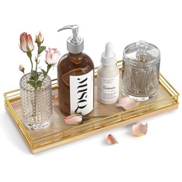 Imagem de Bandeja de banheiro para balcão – 30,5 cm x 15,2 cm Bandeja decorativa de madeira de oka para cozinha│cômoda │barra de café │Tanque de vaso sanitário, moldura natural e dourada