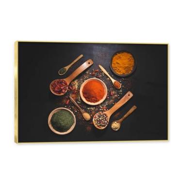 Imagem de NHLDZYH Moldura dourada. Arte de parede em tela de especiarias coloridas e colher de tempero | Decoração de cozinha vintage | Arte moderna para casa e sala de jantar. C56. 50 x 75 cm - 19,7 x 29,6 pol