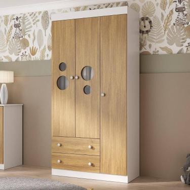 Imagem de Guarda-roupa Infantil 92cm Com Vidro 3 Portas E 2 Gavetas Pirulito Multimóveis MP4467 Branco-madeirado