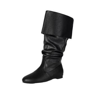 Imagem de Botas femininas rasteiras cano médio com punho plissado estilo ocidental outono inverno casual botas modernas salto 1,5 cm, Preto, 36