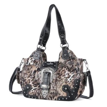 Imagem de Angel Kiss Hobo Bolsas femininas de couro vegano, bolsas de ombro chiques, bolsas transversais com tachas de metal, Brwon/leopardo preto, Large