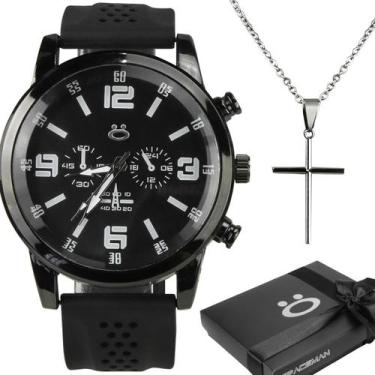 Imagem de Relógio Minimalista Masculino Preto Pulseira Silicone Kit Acessórios C