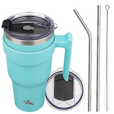 Imagem de Konokyo Copo de 1,18 l com alça e 2 canudos 2 tampas, garrafa de água isolada copo de vácuo de aço inoxidável caneca reutilizável de viagem, turquesa