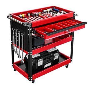 Imagem de Carrinho de ferramentas de rolamento com 3 prateleiras, armazenamento de oficina de metal vermelho e preto, gaveta deslizante, painéis de pegboard, rodas resistentes