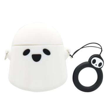 Imagem de Capa MC Fashion para AirPods 1/2, capa de silicone fantasma fofa à prova de choque com cordão de caveira e anel compatível com AirPods 1/2 (branca)