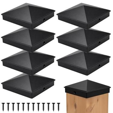 Imagem de Tampas de poste RECTOO 4x4 (serve para postes de madeira verdadeiros de 8,9 cm x 9 cm) - Estilo pirâmide de alumínio preto fosco, topos de metal duráveis para proteção de cerca, deck e caixa de