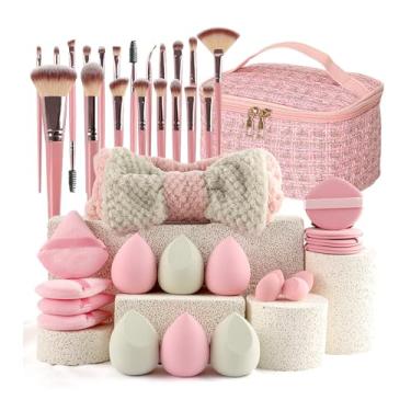 Imagem de Conjunto de pincéis de maquiagem profissional rosa, composto por 40 pincéis e uma caixa de armazenamento, equipado com uma esponja de beleza e faixa de cabelo para aplicação de maquiagem.