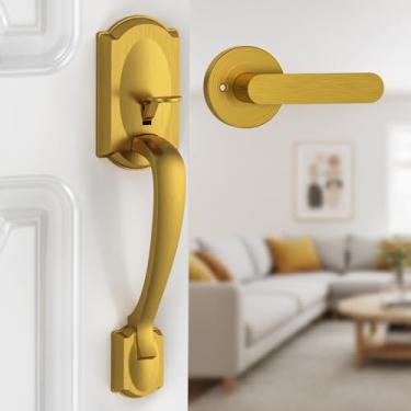 Imagem de Calzibeno Maçaneta da porta frontal, maçaneta externa de latão com alavanca de passagem, maçaneta de porta de entrada frontal vintage sem trava, reversível para portas canhotas e direitas, metade