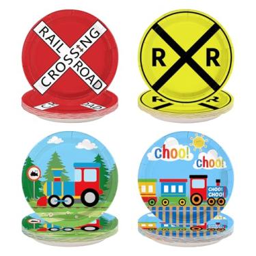 Imagem de 60 peças de pratos de papel de trem, 18 cm, descartáveis, transporte ferroviário, carros, sobremesa, pratos de papel, veículos, trem, festa, conjunto de utensílios de mesa para crianças, aniversário