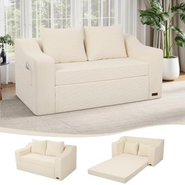 Imagem de MeMoreCool Sofá-cama conversível, poltrona de namoradeira, sofá-cama para quarto, sala de estar, lounge, sofá-cama pequeno 2 em 1 com travesseiro, assento dobrável de amor futon veludo cotelê bege