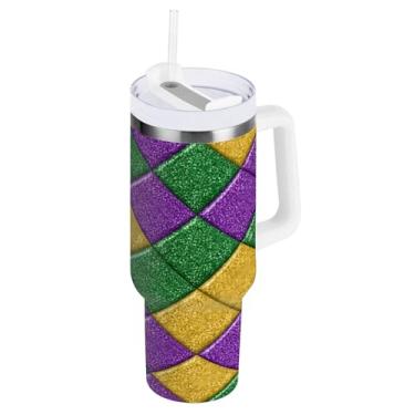 Imagem de Blueangle Copo isolado de grade diamante Mardi Gras 1,134 g com alça e tampa de palha, caneca de viagem reutilizável de aço inoxidável (626)